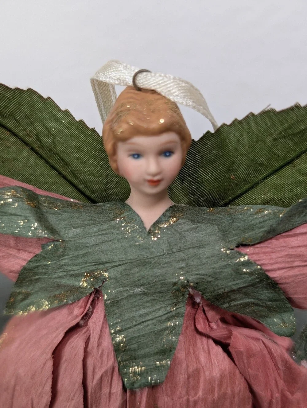 Set of 3 Flower Fairy Doll Ornaments Paper-Crepe Wings Cottagecore Cotton Body